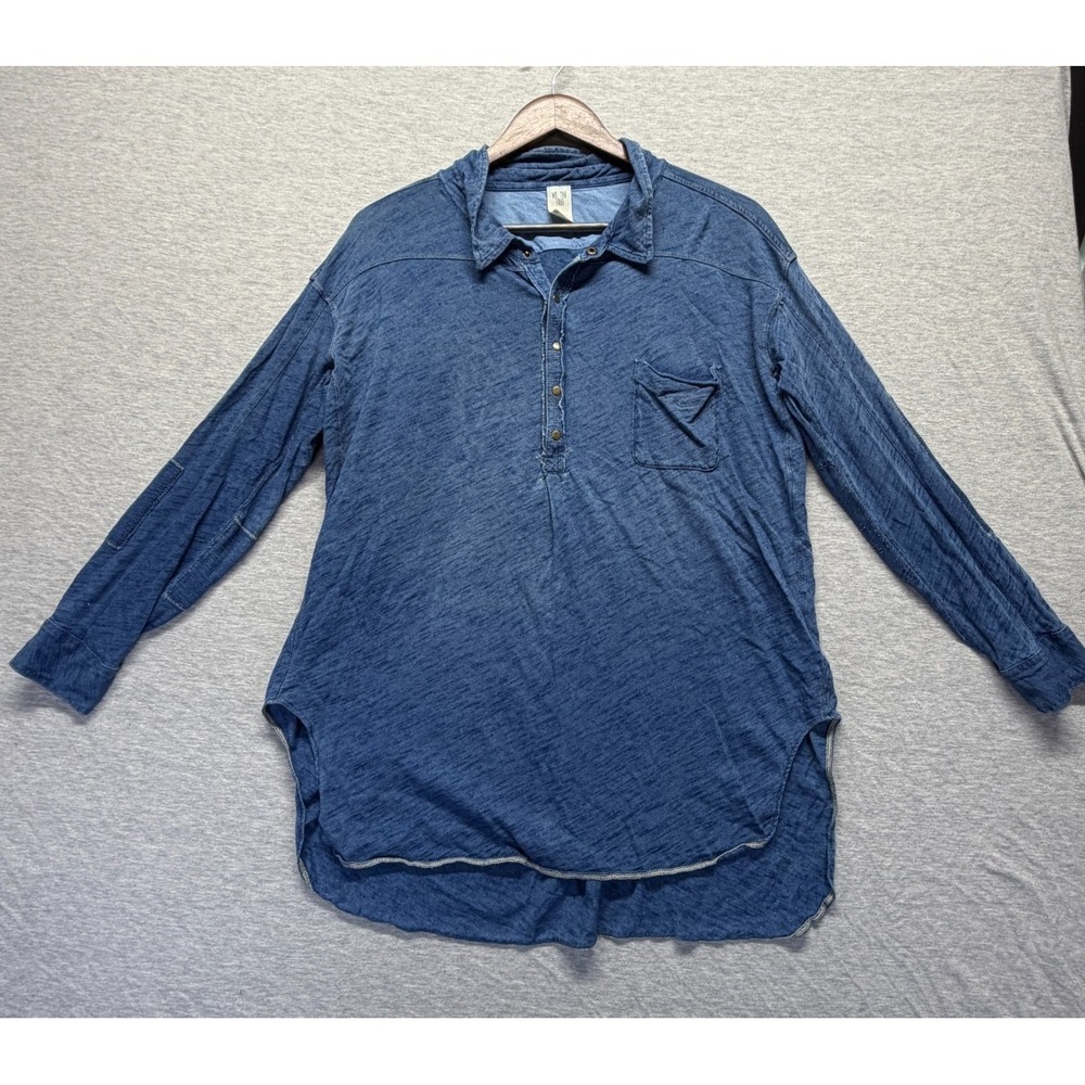 We The Free Blouse Top Womens‎ Small Blue Cotton High Low Hem Henley Snap Button